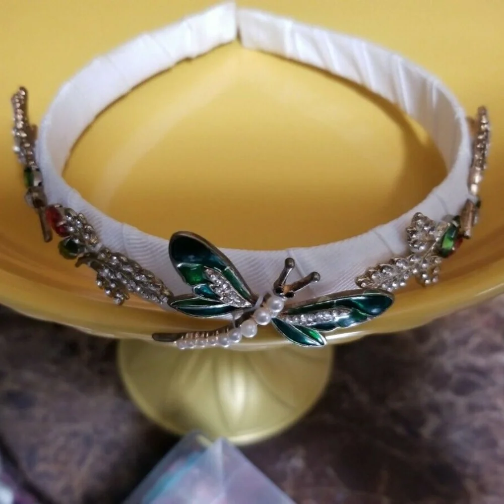 David Charles Girls Enamel & Pearl Dragonfly Headband Jewled